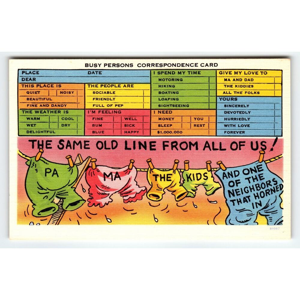 Vintage Linen Busy Persons Correspondence Comic Postcard 1950s